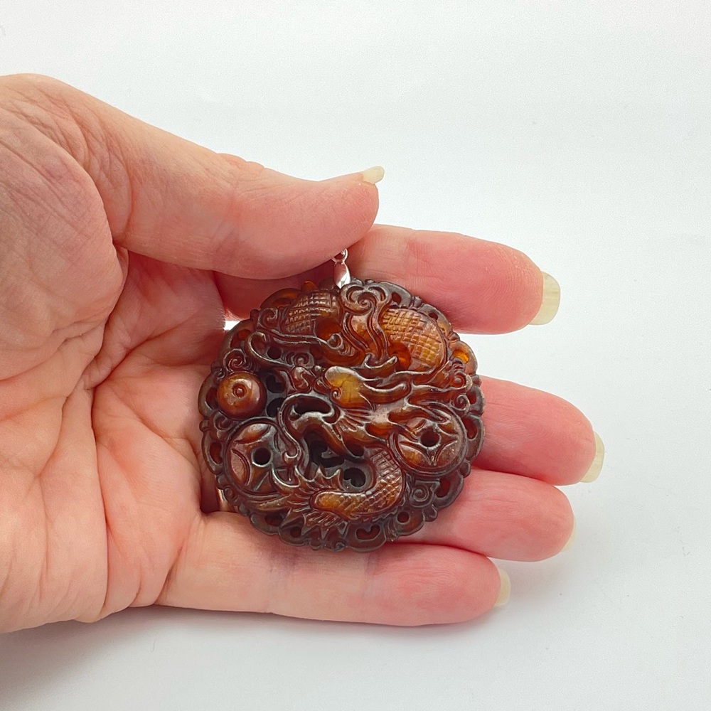 Jade Dragon Pendant, Handmade, Brown Jade, Lucky Stone, 18k Gold Plated Bail - Picture 4 of 11